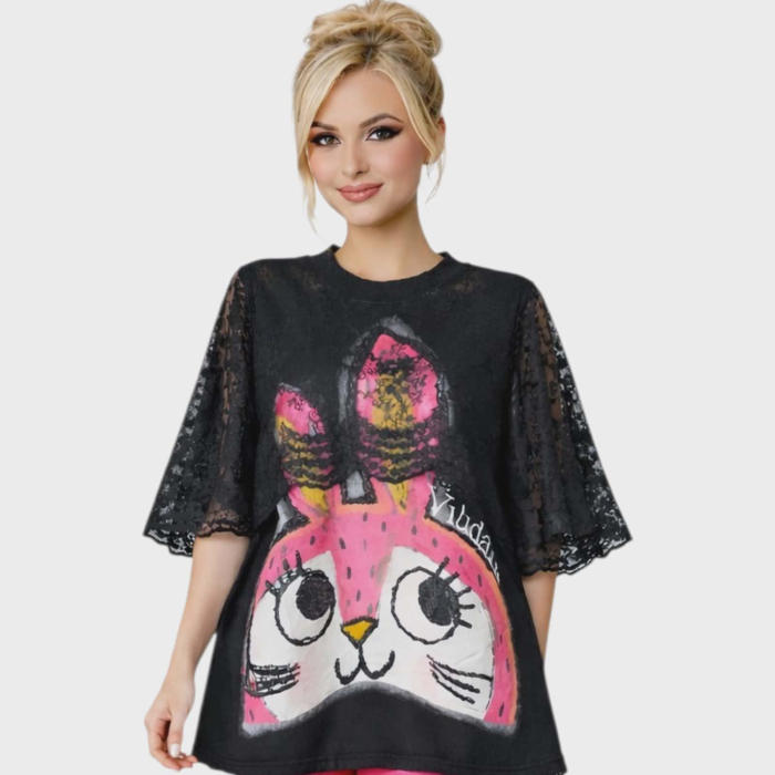 Bluza neagra cu dantele tip pelerina si desen iepuras cu paiete [3]