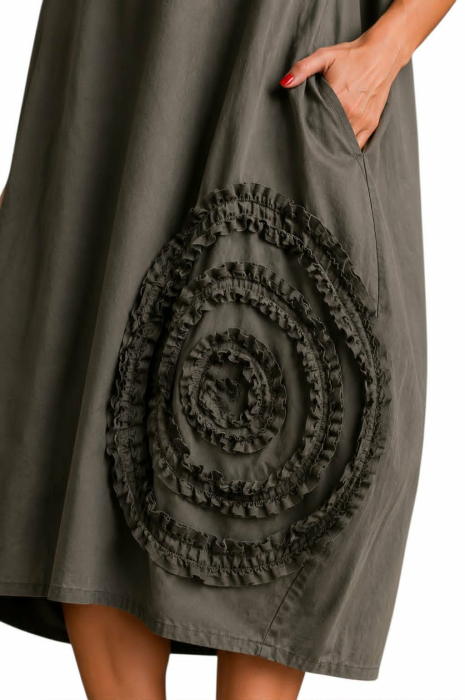 Rochie din bumbac verde kaki tip balon cu aplicatie in forma de floare [2]
