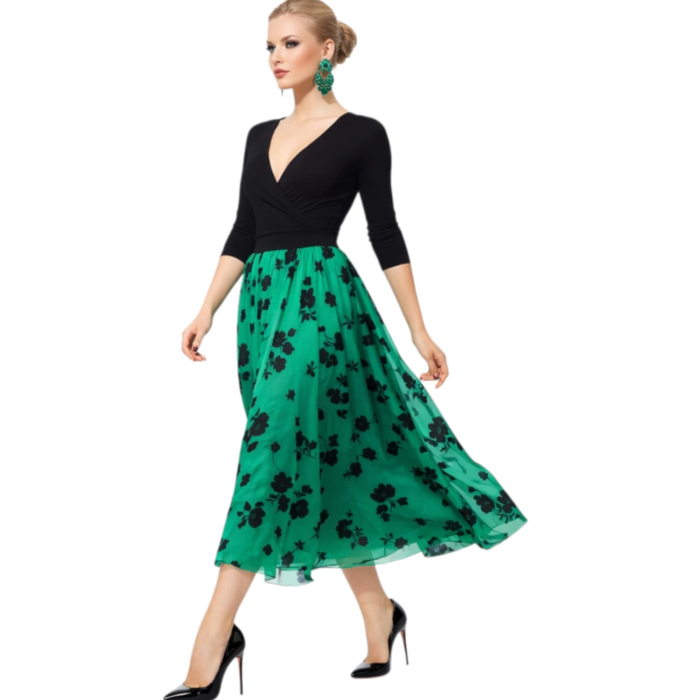 Fusta midi eleganta verde smarald cu imprimeu floral catifelat [2]