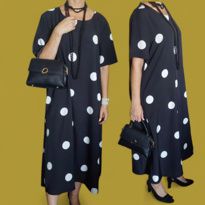 Rochie Croi Larg pe Fond Negru cu Buline Albe [3]