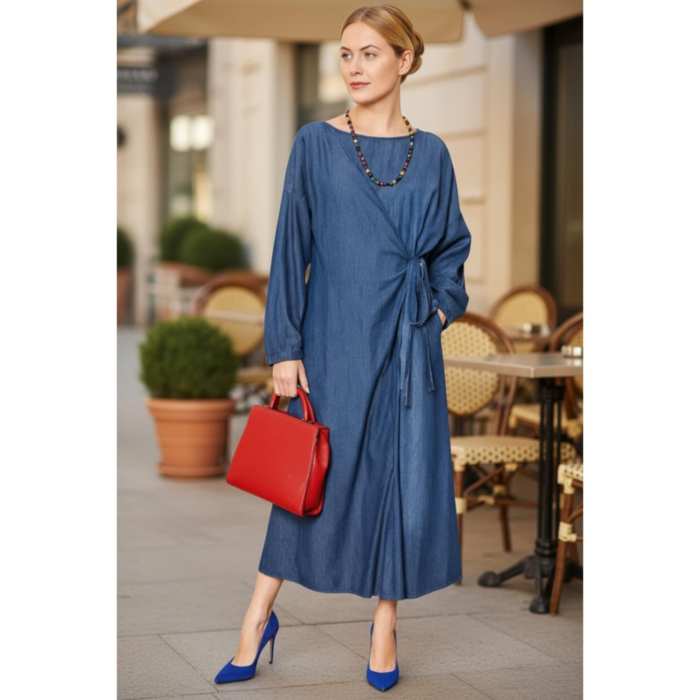 Rochie albastra din denim stransa in partea stanga [1]