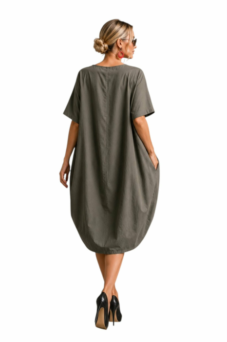 Rochie din bumbac verde kaki tip balon cu aplicatie in forma de floare [3]