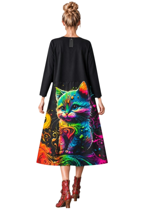 Rochie din bumbac croi larg si desen pisica colorata [3]