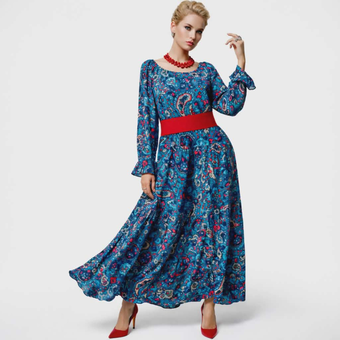 Rochie lunga din vascoza cu volane si imprimeu artistic albastru [2]