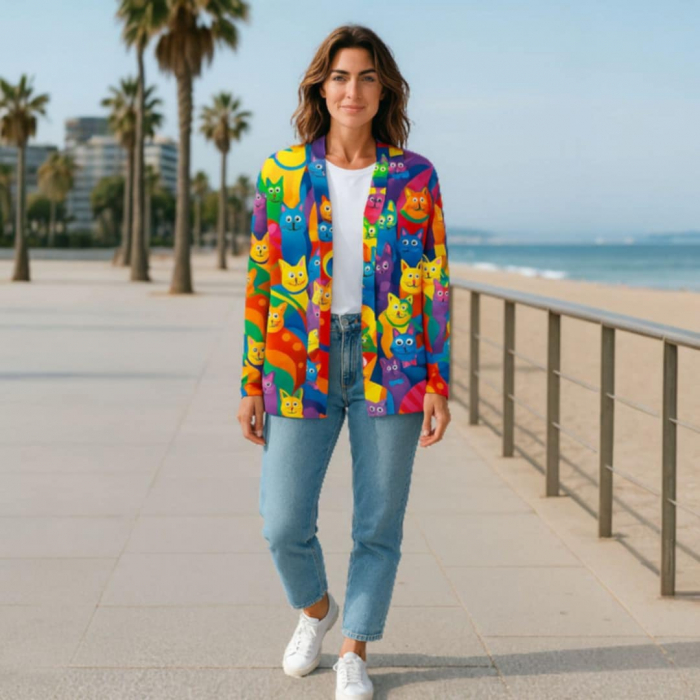 Blazer cu manaca lunga cu imprimeu pisici multe si colorate [1]