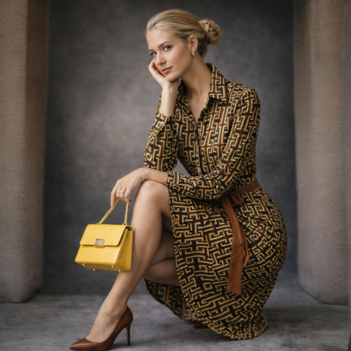 Rochie eleganta cu imprimeu geometric in nuante de maro tip camasa [4]