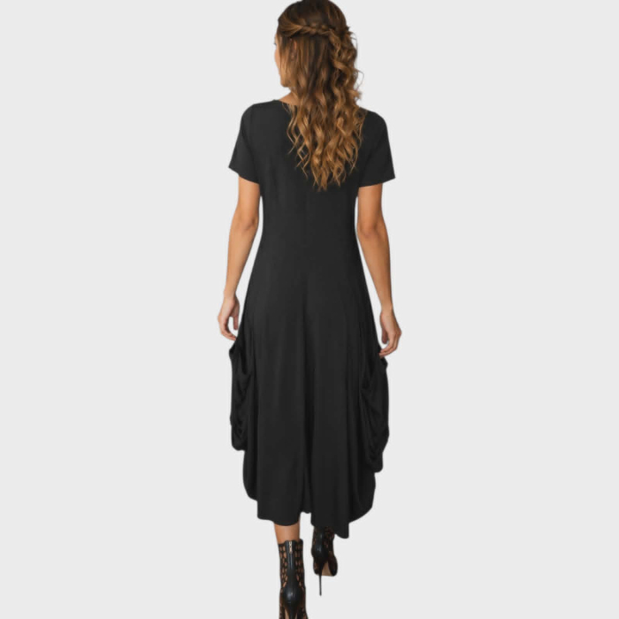 Rochie asimetrica  neagra din vascoza cu buzunare [2]