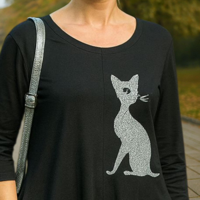 Rochie neagra din bumbac asimetrica cu pisica argintie cu sclipici argintiu [2]