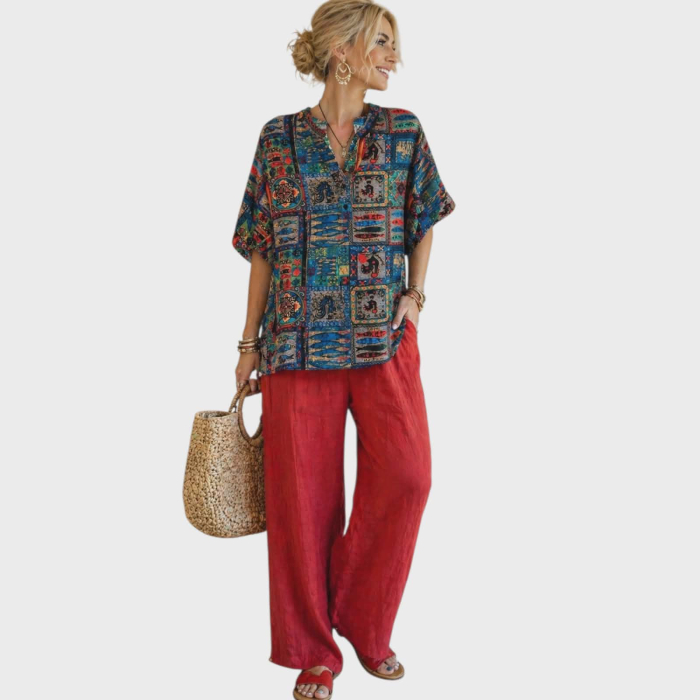 Bluza lejera tip tunica cu imprimeu in  nuante de albastru turcoaz [2]