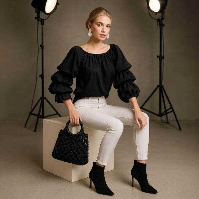 Bluze Neagra din Satin cu Maneci Volane Bufante si Decolteu Rotund [4]
