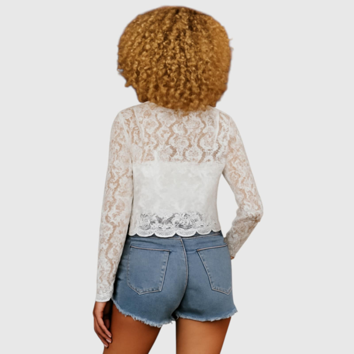 Blaizer elegant scurt din dantela alb cu maneci lungi [2]