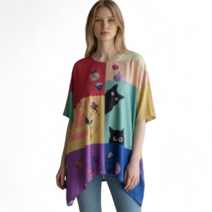 Bluza asimetrica cu print artistic cu pisici si flori [5]