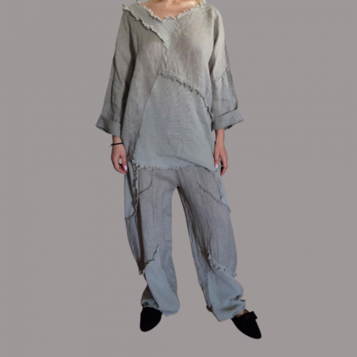 Bluza Asimetrica din In cu Aspect Zdrenturos Tip Fluture [3]