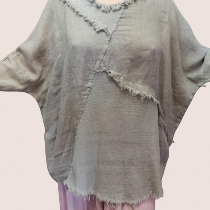 Bluza Asimetrica din In cu Aspect Zdrenturos Tip Fluture [2]