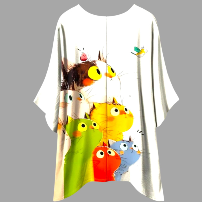 Bluza asimetrica  pentru marime mare tip fluture cu imprimeu pisici curioase [2]