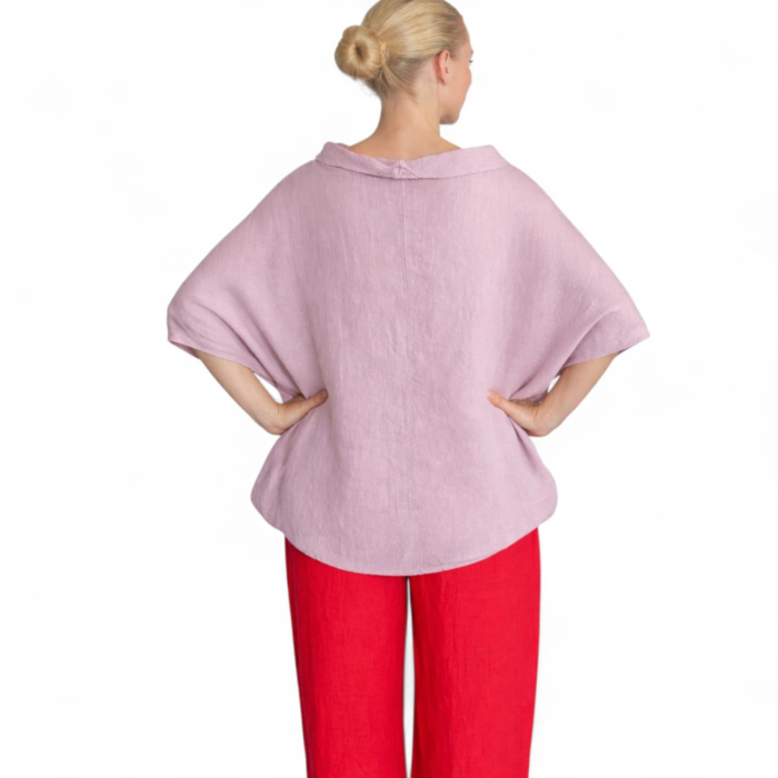 Bluza croi larg tip poncho din in roz prafuit si guler larg rotund [3]