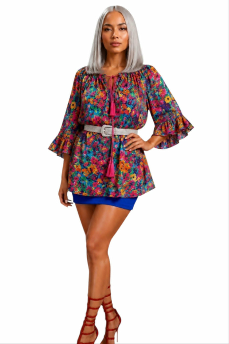 Bluza din bumbac cu elastic la decolteu si volane la maneci [3]