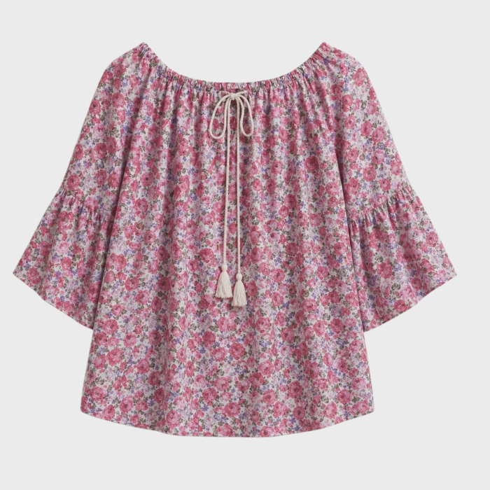 Bluza din bumbac imprimeu floral roz si elastic la decolteu [4]