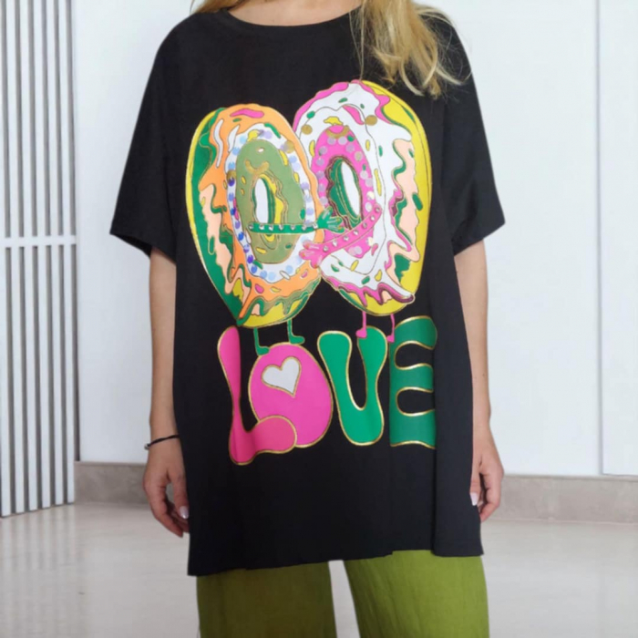 Bluza din Bumbac pe Fond Negru pentru Marime Mare si Imprimeu Colorat [1]