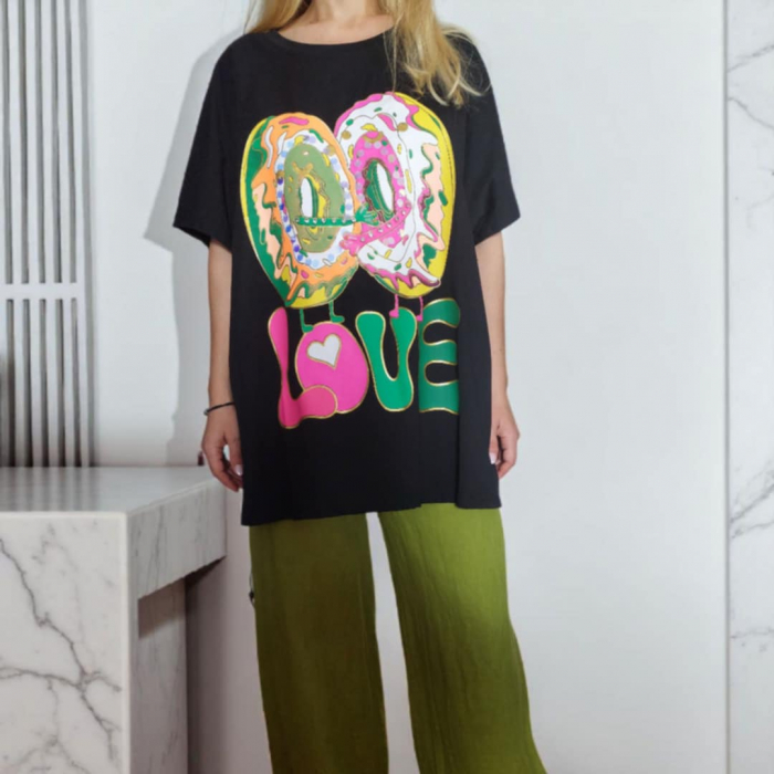 Bluza din Bumbac pe Fond Negru pentru Marime Mare si Imprimeu Colorat [2]