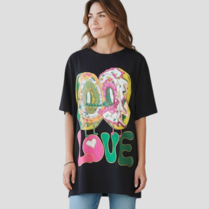 Bluza din Bumbac pe Fond Negru pentru Marime Mare si Imprimeu Colorat [4]