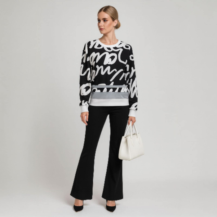 Bluza moderna pe fond negru cu imprimeu abstract alb [3]