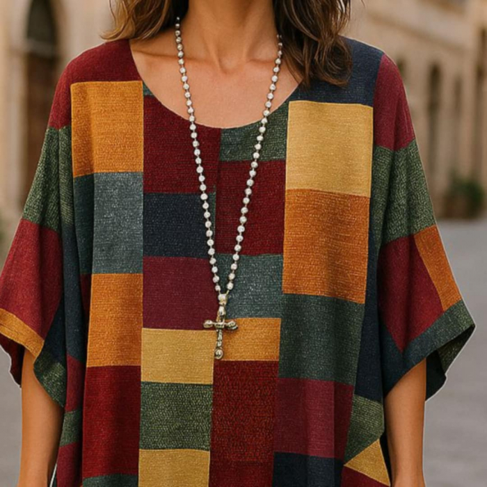 Bluza tip fluture asimetrica cu imprimeu carouri multicolore [2]