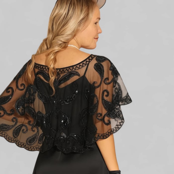 Bolero elegant din tull negru brodat cu paiete negre stralucitoare [2]