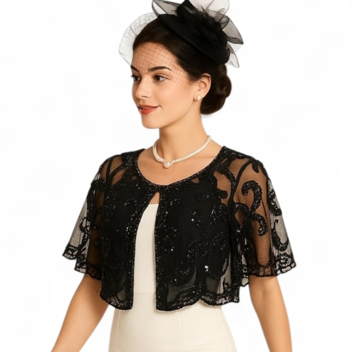 Bolero elegant din tull negru brodat cu paiete negre stralucitoare [4]