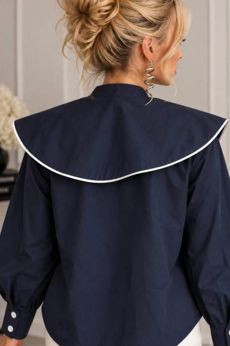 Camasa din bumbac albastru inchi cu guler maxi si margine neagra [3]