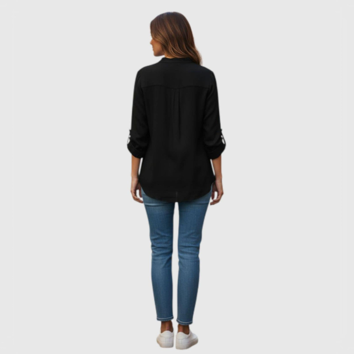 Camasa  pe fond negru cu broderie din floricele roz pietricele cusute [3]