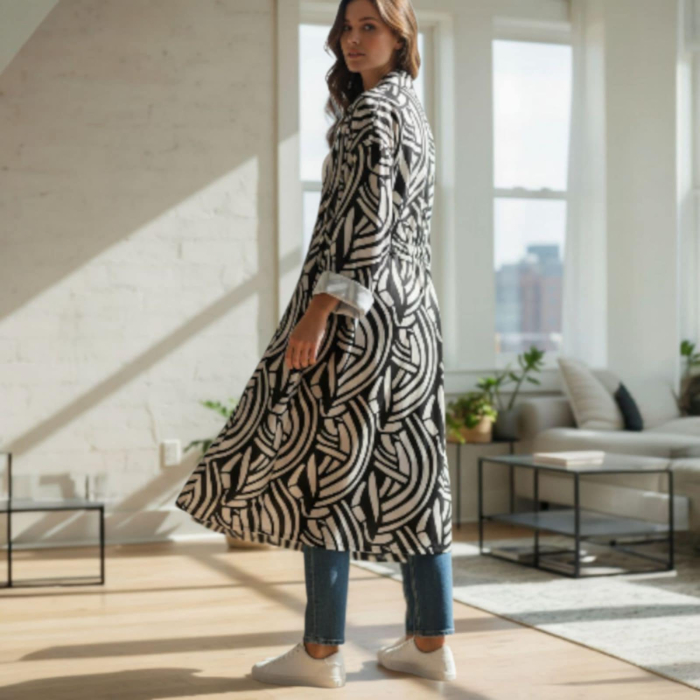 Cardigan lung in crem  si negru  cu snur in talie [3]