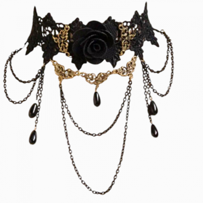 choker spectaculos din dantela cu trandifir negru si lanturi [2]
