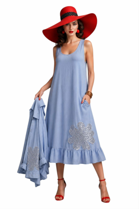 Compleu  bleumarin  din bumbac si model din macrame si paiete argintii [4]
