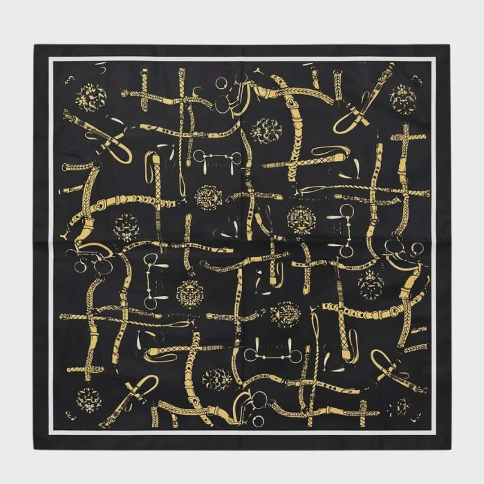 Esarfa in forma patrata din satin pe fond negru si imprimeu galben [2]