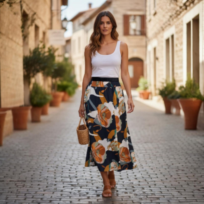 Fusta cu Banda Elastica in Talie si Imprimeu Floral [1]