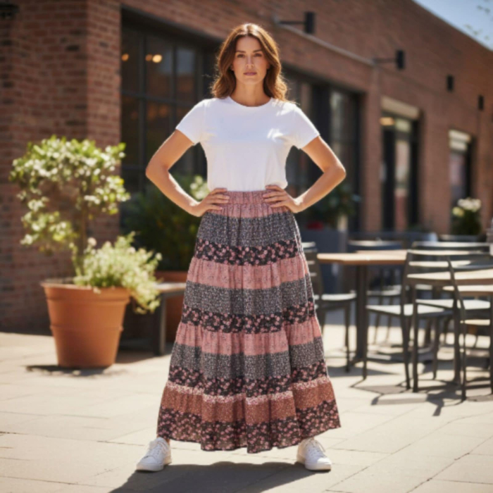 Fusta Lunga Imprimeu Predominant Mov cu banda Elastica In Talie [2]