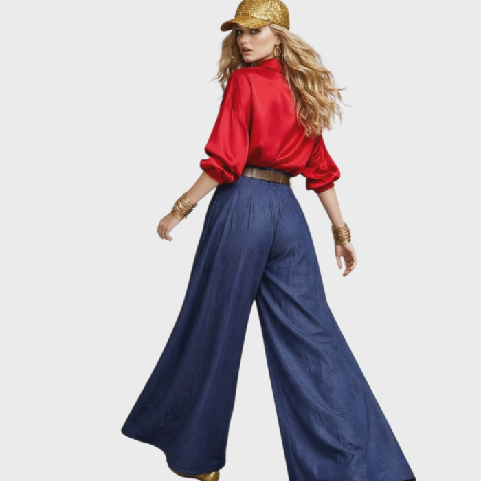 Fusta pantalon largi din denim cu buzunare si curea in talie [4]