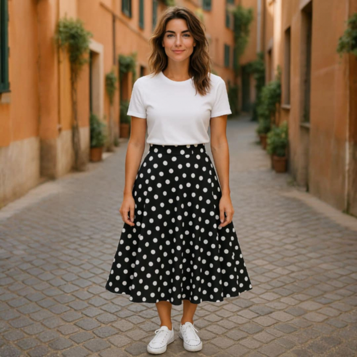 Fusta pe Fond Negru cu Buline Albe Model Clos [1]