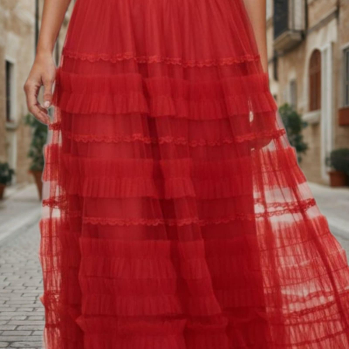 Fusta Rosie Lunga din Straturi cu Tulle [4]