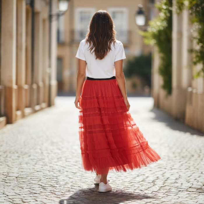 Fusta Rosie Lunga din Straturi cu Tulle [2]