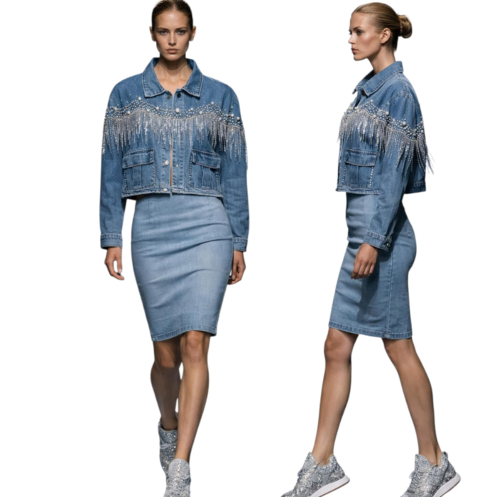 Geaca din denim cu aplicatii perle si franjuri din strasuri argintii [4]