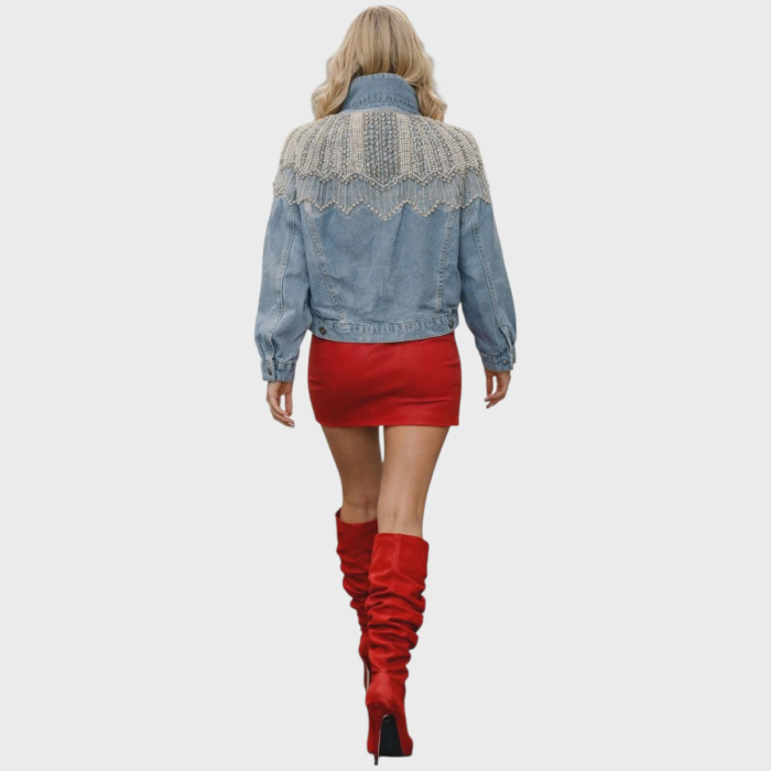 Geaca  spectaculoasa din denim cu aplicatii perle si strasuri argintii [2]