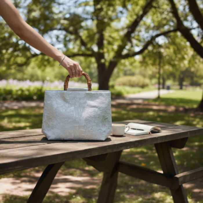 Geanta din Material Textil cu Imprimeu Floral si Manere din Lemn [3]