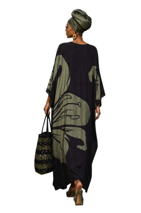 Kaftan dama din vascoza cu imprimeu floral verde kaki [3]