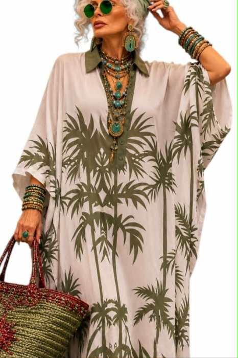 Kaftan din vazcoza tip camasa  cu imprimeu verde kaki [3]