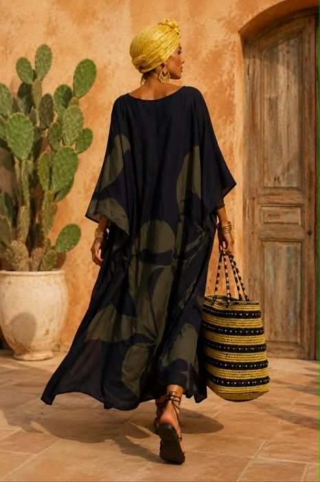Kaftan lung din vascoz  si imprimeu verde kaki pal [3]