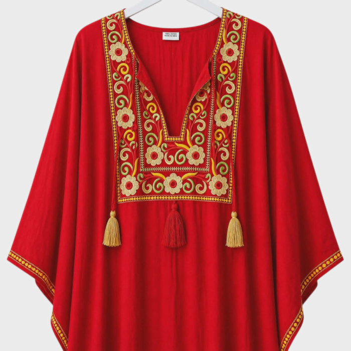 Kaftan rosu din vascoza cu ciucuri multicolore pe margini [2]