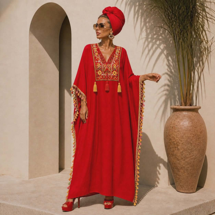 Kaftan rosu din vascoza cu ciucuri multicolore pe margini [1]