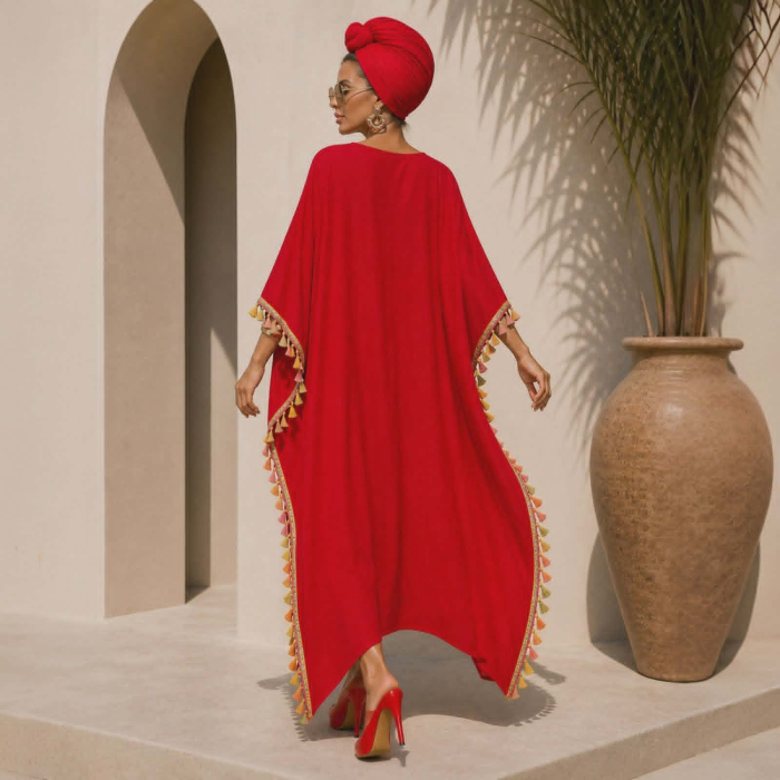 Kaftan rosu din vascoza cu ciucuri multicolore pe margini [3]